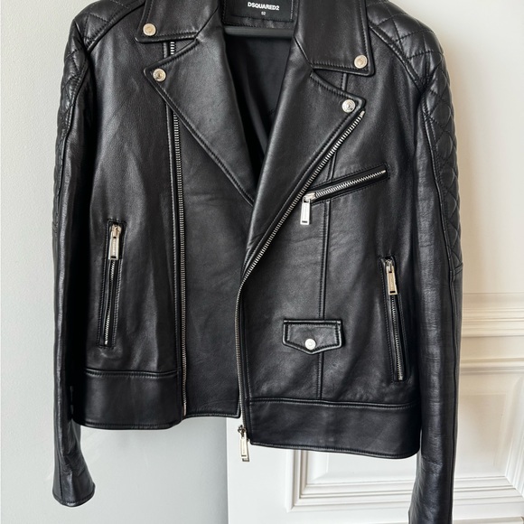 Dsquared2 Black Leather Print Biker Jacket Size 52 - Picture 6 of 15